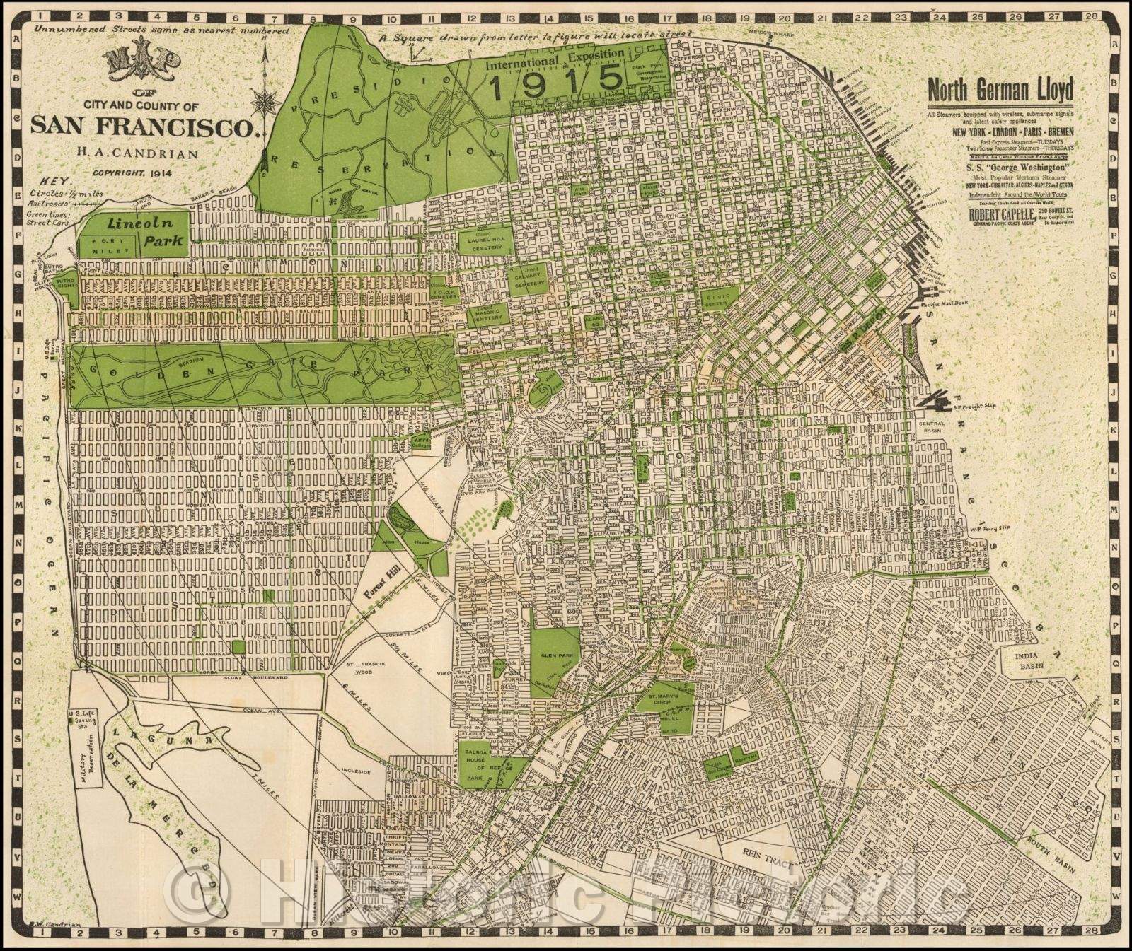 Historic Map - Map of City and County of San Francisco. H.A. Candrian, [Promotional Map for North German Lloyd], 1914, H.A. Candrian - Vintage Wall Art