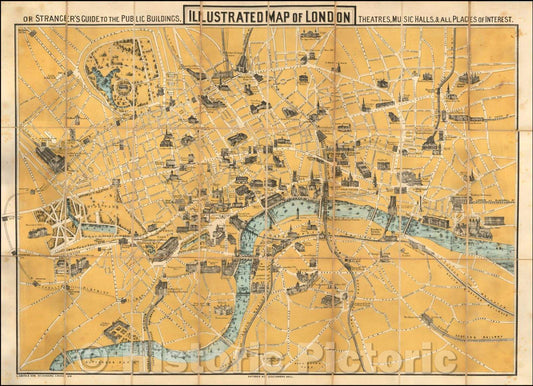 Historic Map - Illustrated Map of London or Stranger's Guide to the Public Buildings, Theatres, Music Halls, All Places of Interest, 1870, Charles Smith - Vintage Wall Art