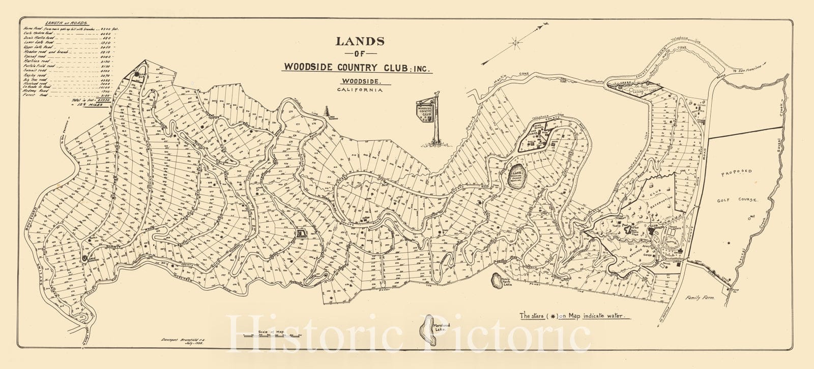 Historic Map - Menlo Country Club, Lands of the Woodside Country Club: Inc. Woodside, California, 1926, Davenport Bromfield - Vintage Wall Art