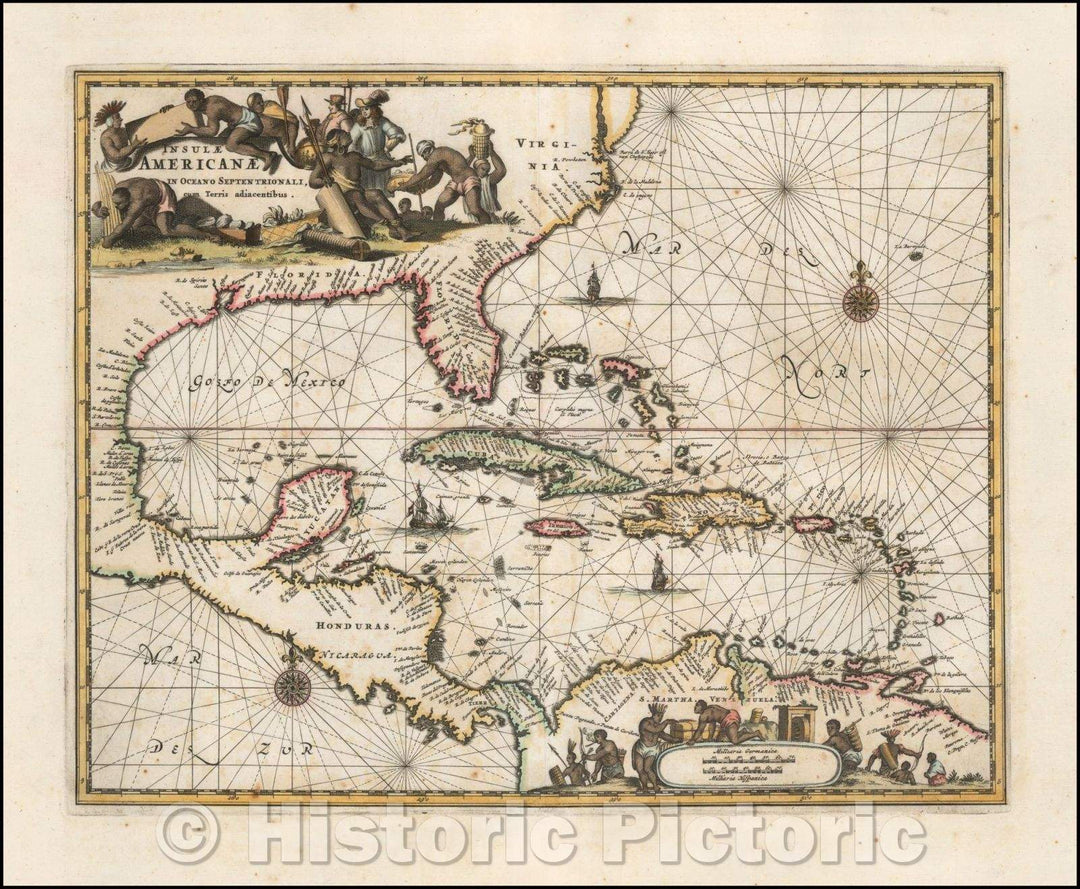 Historic Map - Insulae Americanae in Oceano Septentrionali cum Terris adiacentibus, 1671, John Ogilby - Vintage Wall Art