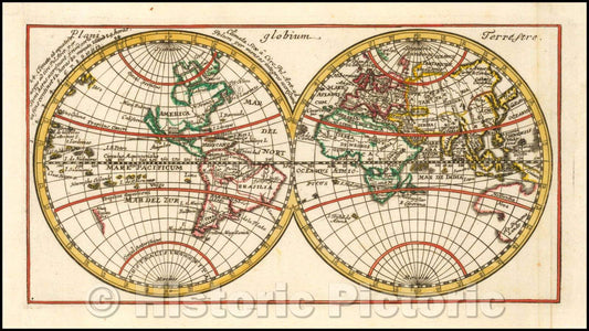 Historic Map - Plani globium Terrestre/Double hemisphere world Map, 1700, Anonymous - Vintage Wall Art