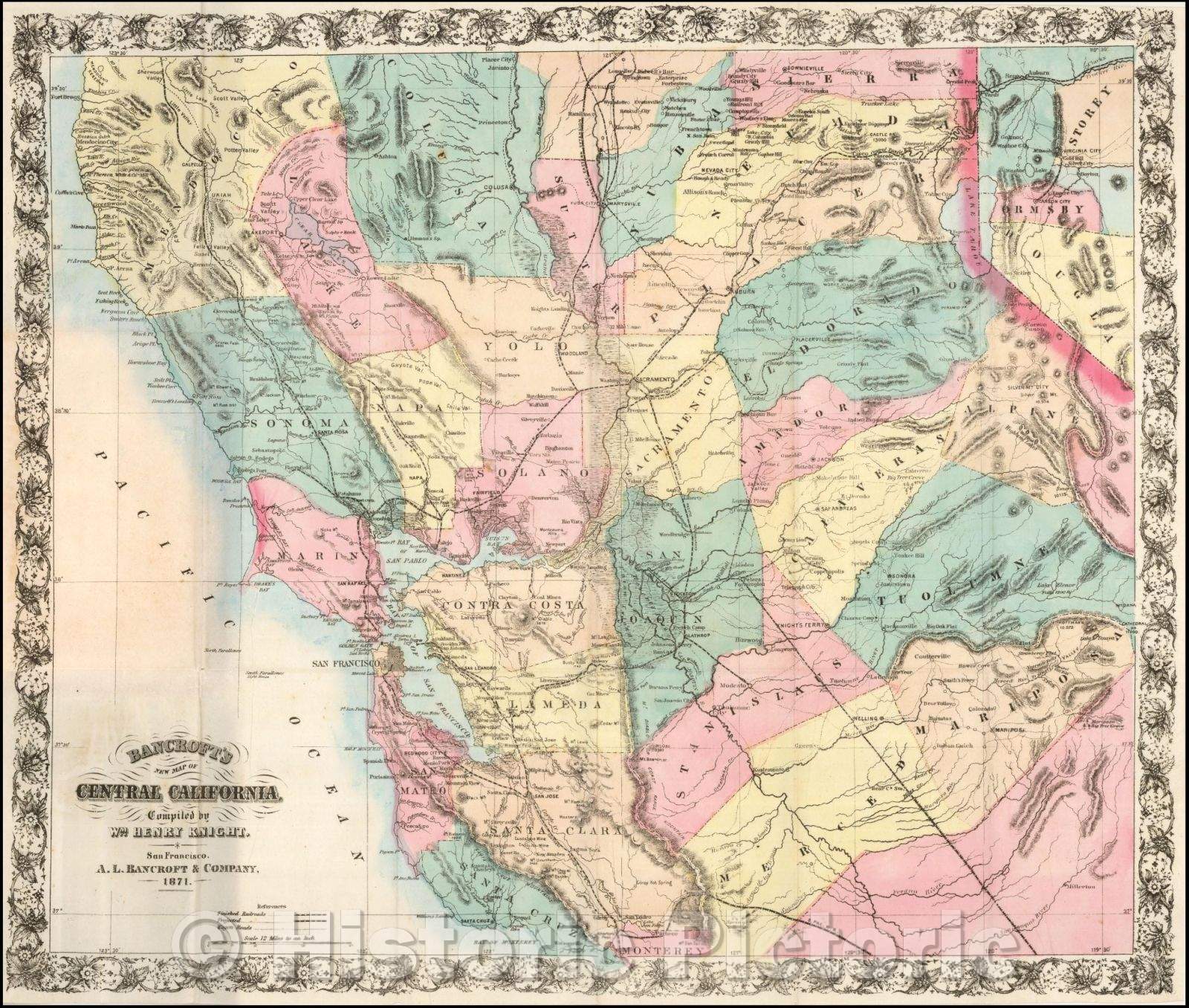 Historic Map - Bancroft's New Map of Central California, 1871, A.L. Bancroft & Co. - Vintage Wall Art