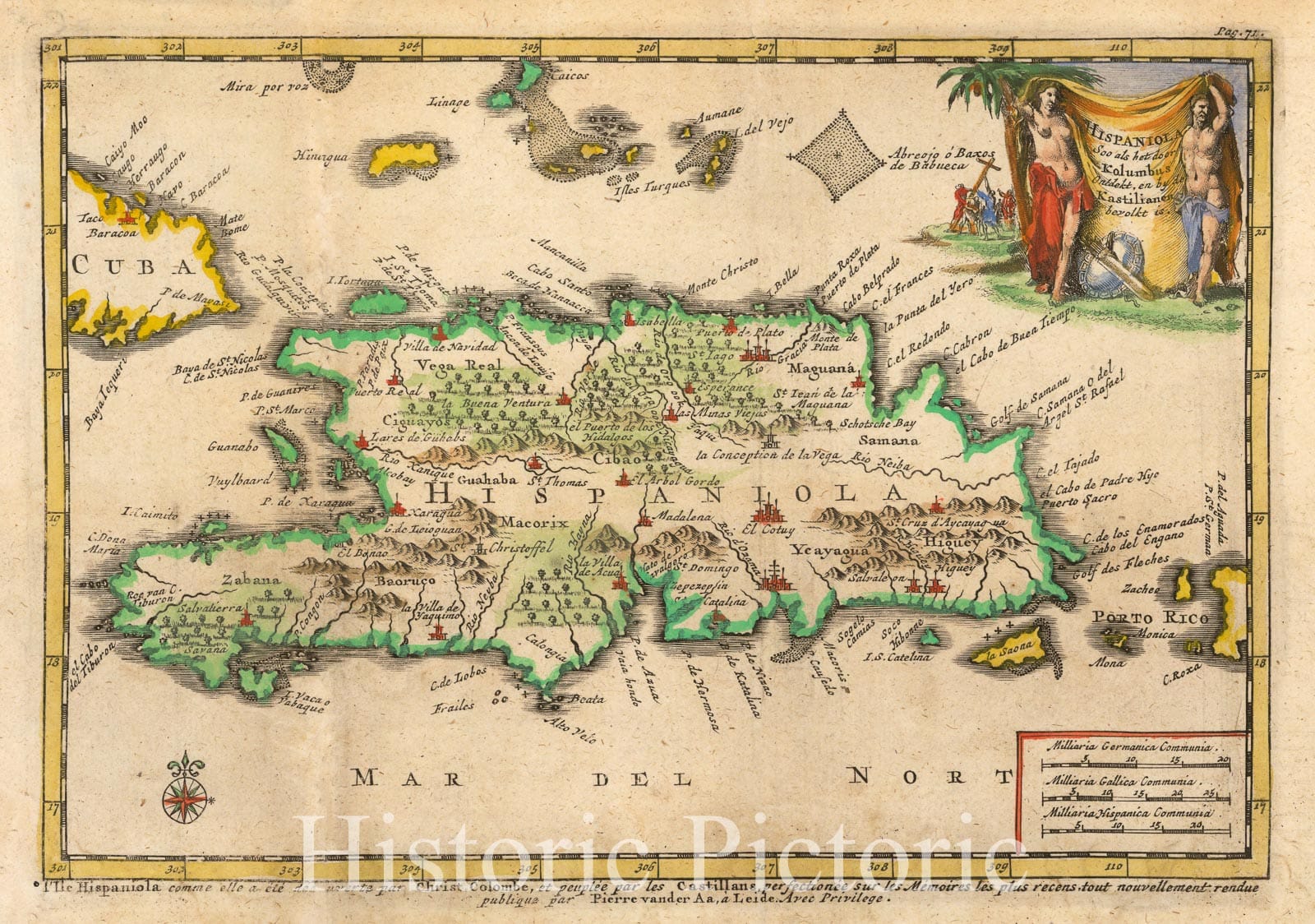 Historic Map - Hispaniola Soo als het door Kolumbus Ontdekt, en by de Kastilianen beyol/Map of Hispaniola, cartouche and compass rose, 1706 - Vintage Wall Art
