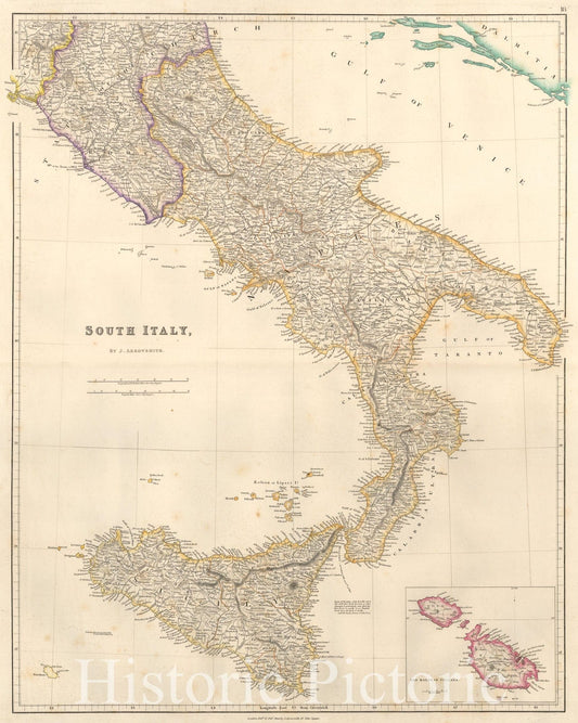 Historic Map - South Italy (with Sicily and Large Malta Inset), 1842, John Arrowsmith - Vintage Wall Art