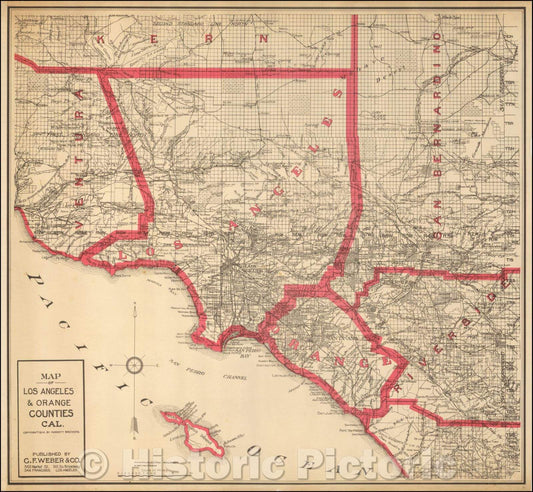 Historic Map - Map of Los Angeles & Orange Counties Cal, 1914, Punnett Brothers - Vintage Wall Art