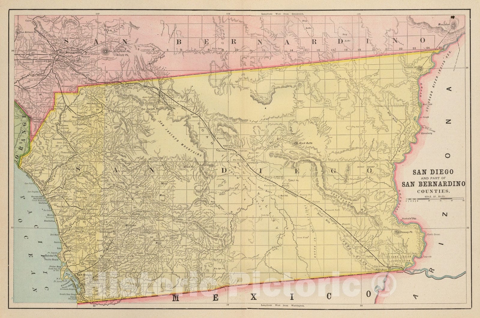 Historic Map - San Diego and Part of San Bernardino Counties, 1892, Rand McNally & Company - Vintage Wall Art
