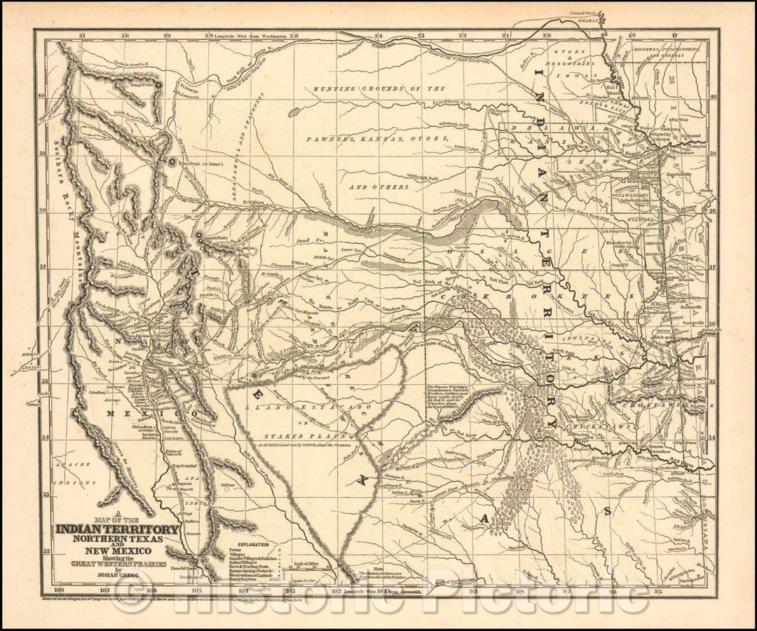 Historic Map - Indian Territory, Northern Texas And New Mexico Showing the Great Western Prairies, 1844, Josiah Gregg v2