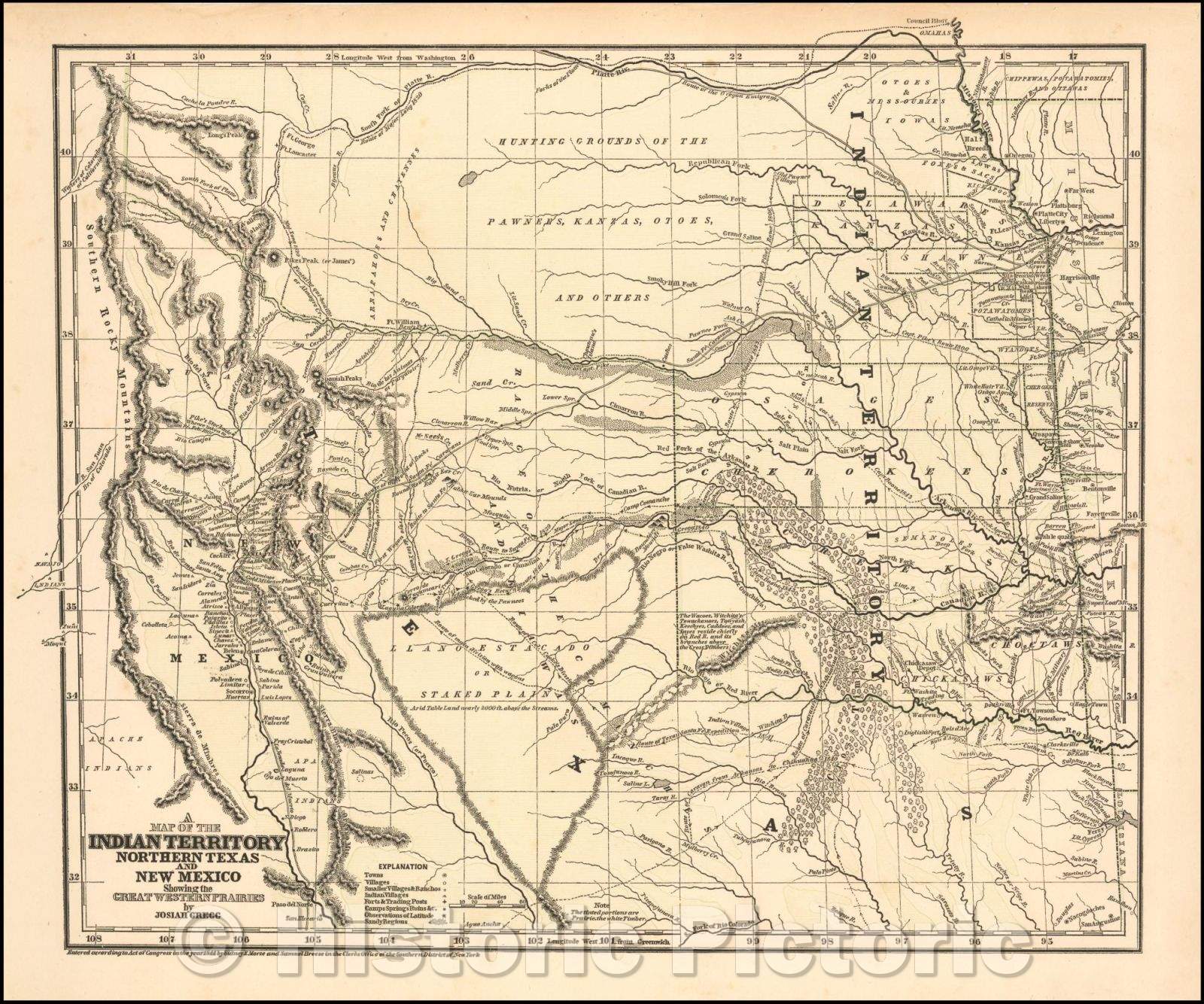 Historic Map - Indian Territory, Northern Texas And New Mexico Showing the Great Western Prairies, 1844, Josiah Gregg v2