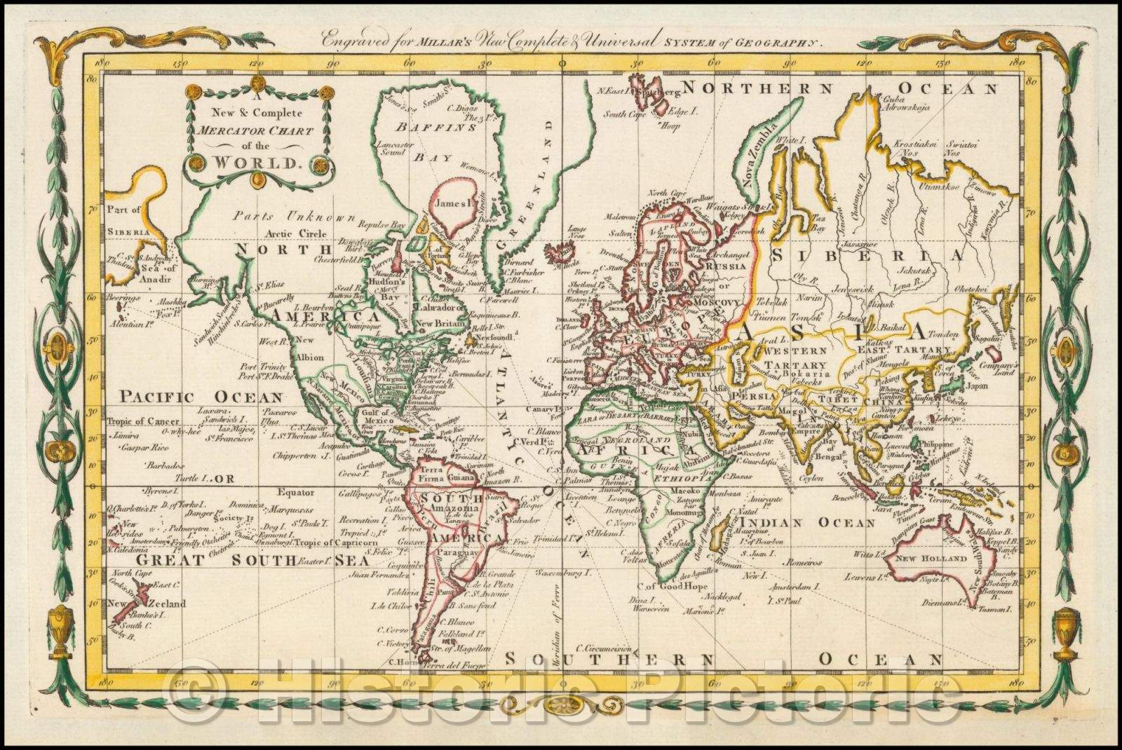 Historic Map - A New & Complete Mercator's Chart of the World, 1790, Andrew Millar - Vintage Wall Art