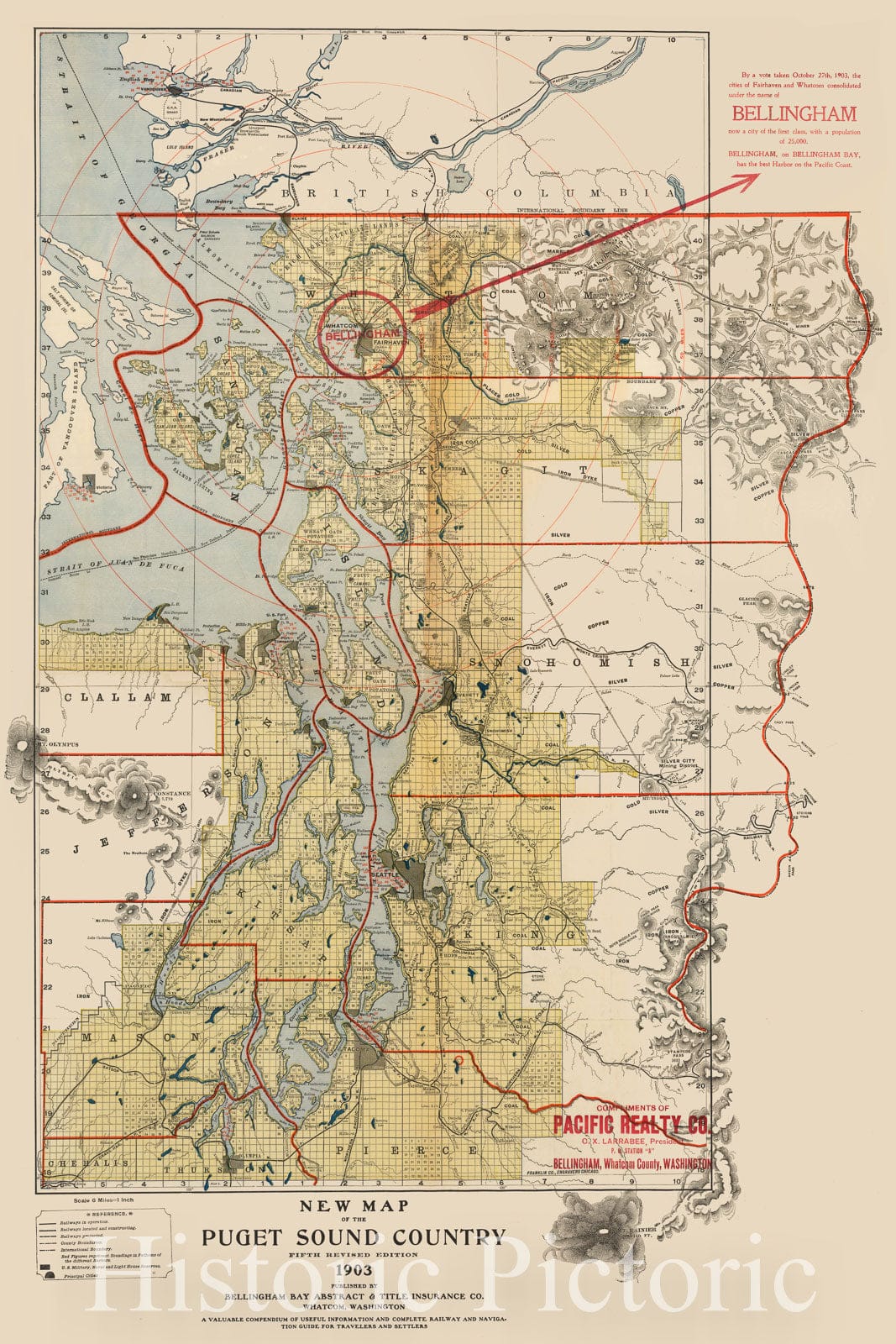 Historic Map - New Map of the Puget Sound Country Fifth Revised Edition, 1903, Bellingham Bay Abstract & Title Insurance Company. - Vintage Wall Art