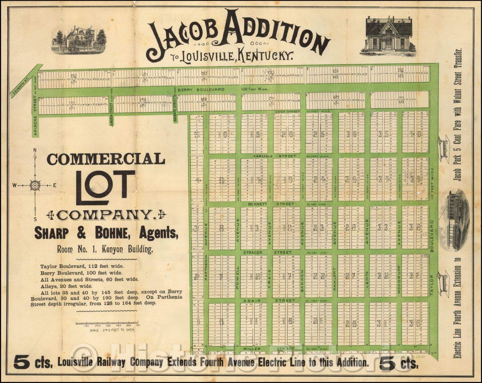 Historic Map - Jacob Addition to Louisville. Commercial Lot Company, Sharp & Bohne Agents, 1892, City Litho Company - Vintage Wall Art