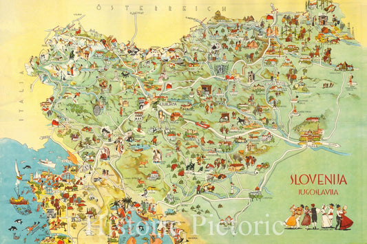 Historic Map - Slovenia, Jugoslavia/Pictorial Map of Slovenia, published by the Slovenian Tourist Bureau, 1959, Leon Koporc - Vintage Wall Art