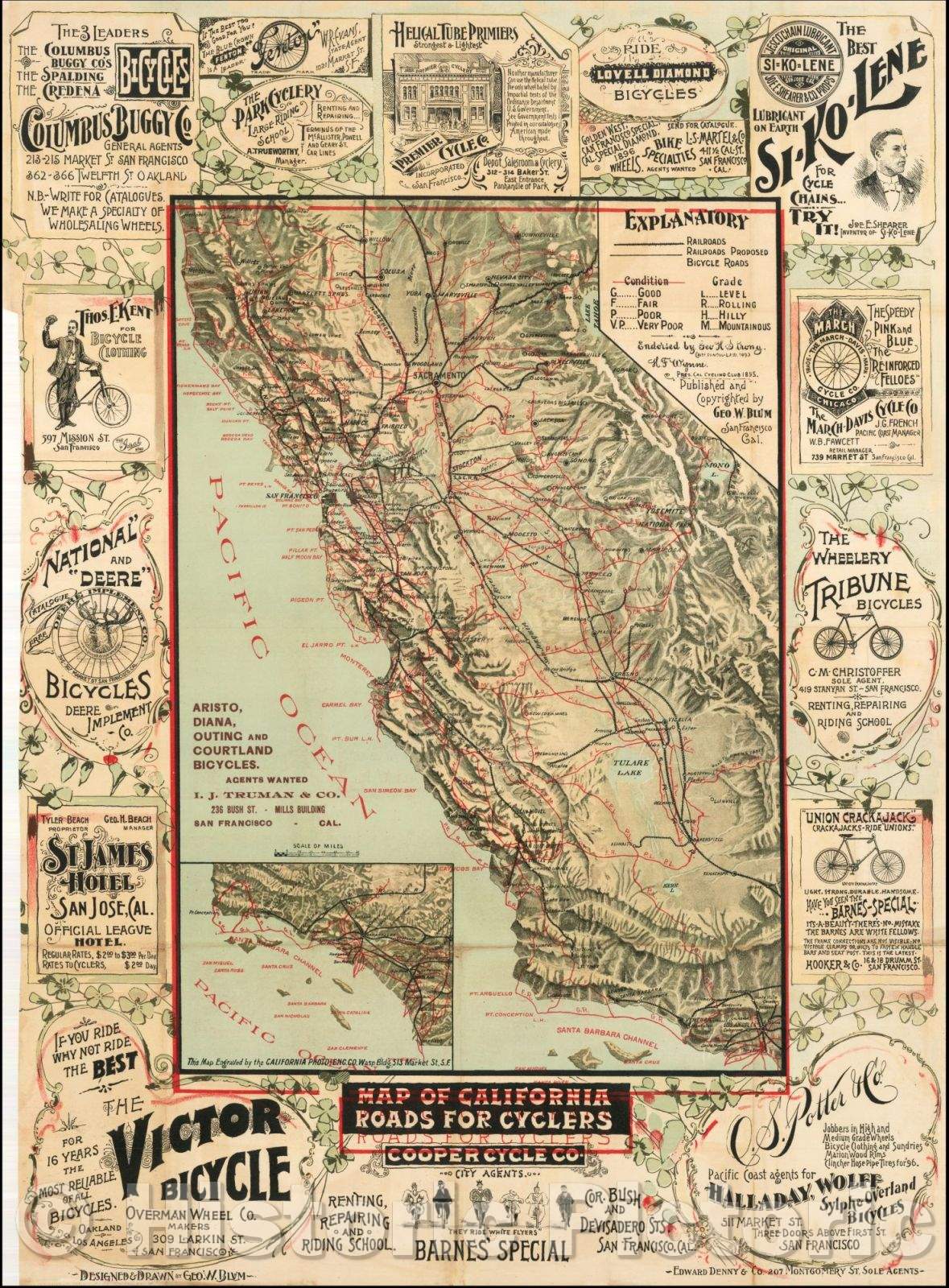 Historic Map - Map of California Roads For Cyclers (with Cycling Atlas), 1896, George W. Blum - Vintage Wall Art