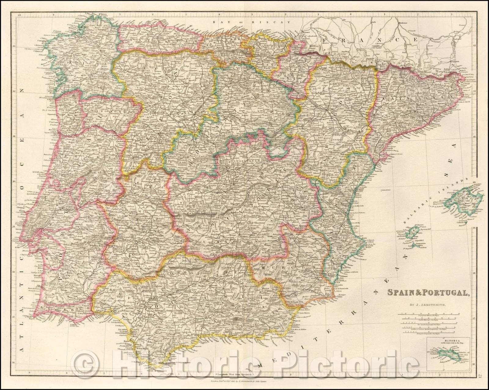 Historic Map - Spain & Portugal, 1842, John Arrowsmith - Vintage Wall Art