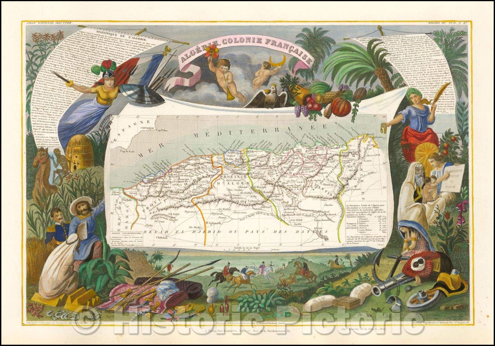 Historic Map - Algerie. Colonies Francaise. / Map of the French Colonie of Algeria, 1850, Victor Levasseur - Vintage Wall Art