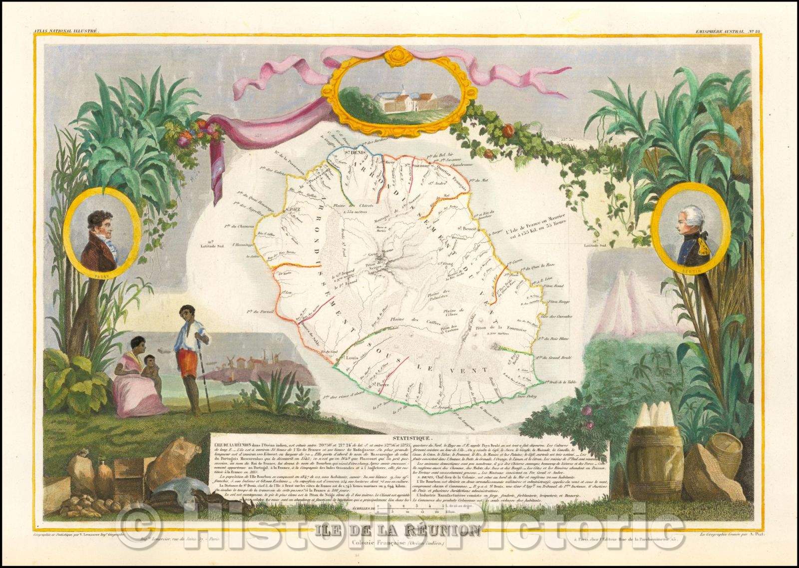 Historic Map - Ile de la Reunion/Map of Reunion island, 1850, Victor Levasseur - Vintage Wall Art