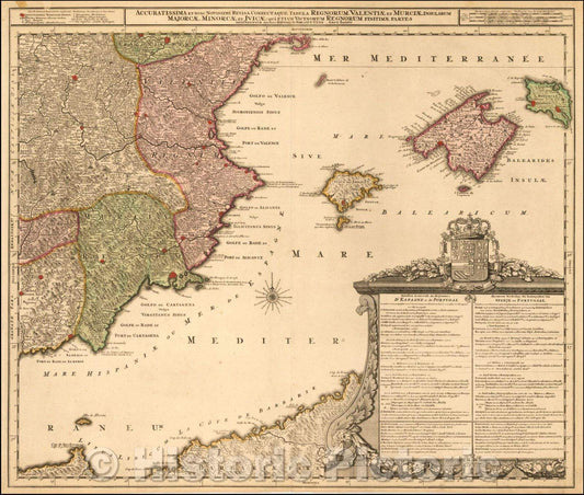Historic Map - Accuratissima et Nunc Novissime Revisa Correctaque tabula Regnorum Valentiae et M :: Balearic Islands and contiguous coastline of Spain, 1720 - Vintage Wall Art