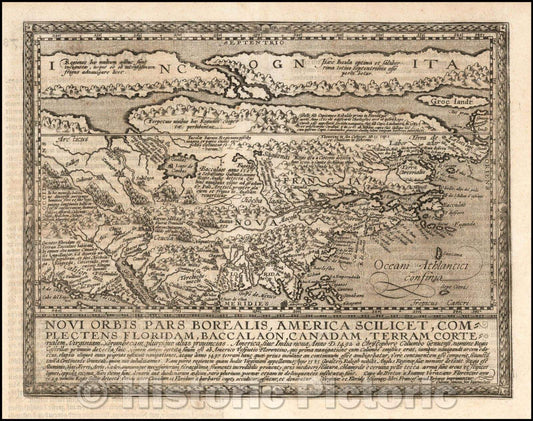 Historic Map - Novi Orbis Pars Borealis, America Scilicet, Complectens Floridam, Baccalaon, Canadam, Terram Corte, 1600, Matthias Quad v2