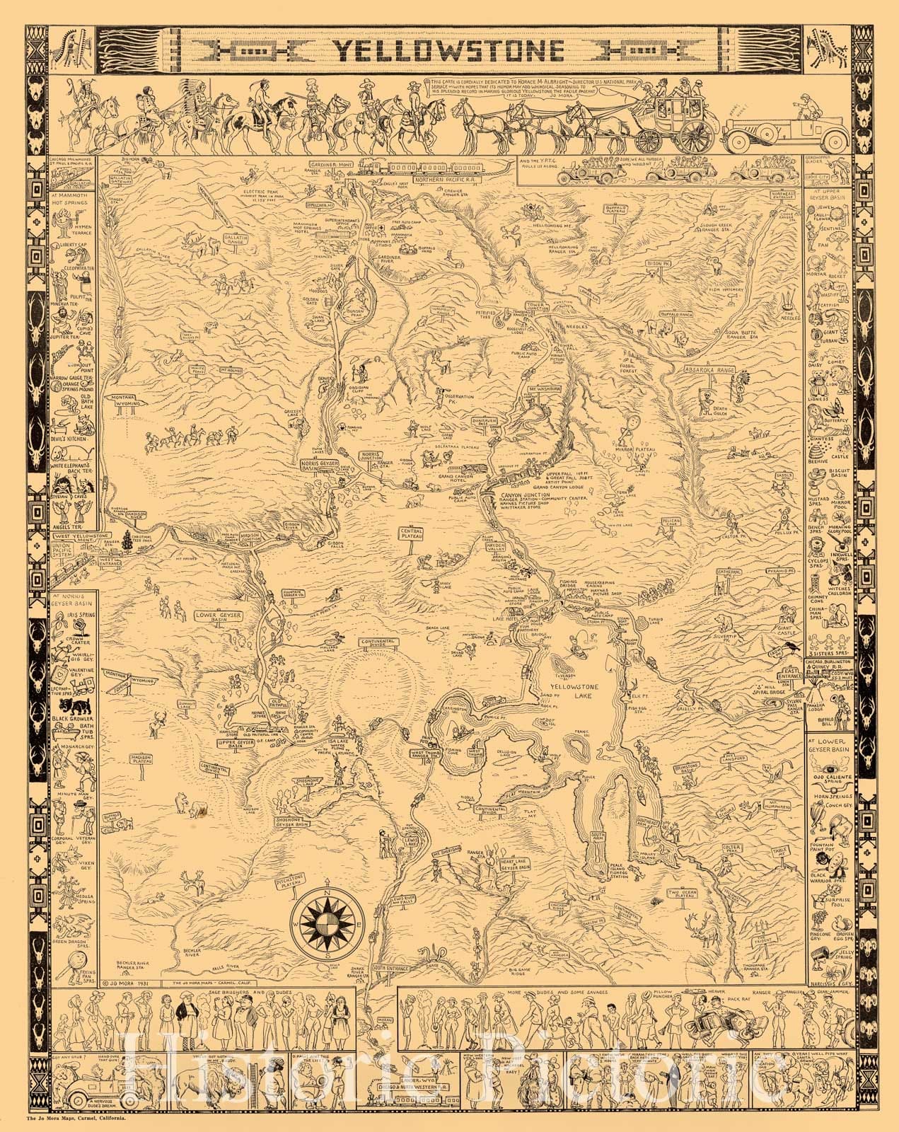 Historic Map - Yellowstone, 1931, Jo Mora - Vintage Wall Art