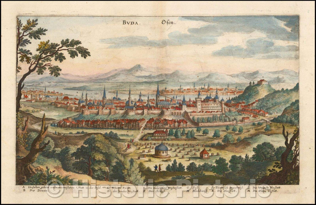 Historic Map - [Budapest] Buda Ofen :: Birdseye View of Buda and Pest, buildings, churches, bridges, fortified walls of the city, 1638 - Vintage Wall Art