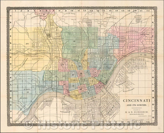 Historic Map - Cincinnati and its Suburbs, 1875, M & R Burgheim - Vintage Wall Art
