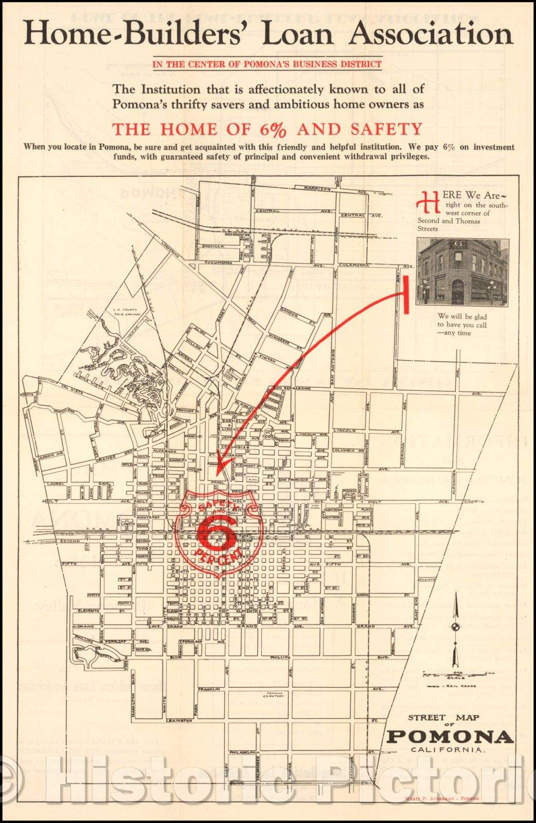 Historic Map - Street Map of Pomona California, 1929, Wyatt P. Ackerman - Vintage Wall Art
