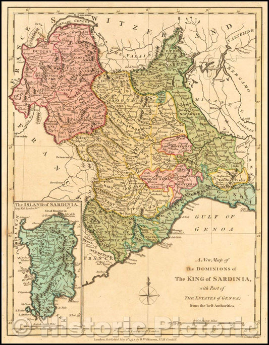 Historic Map - The Dominons of The King of Sardinia with Part of The Estates of Genoa; from the Best Authorities, 1794, Robert Wilkinson - Vintage Wall Art
