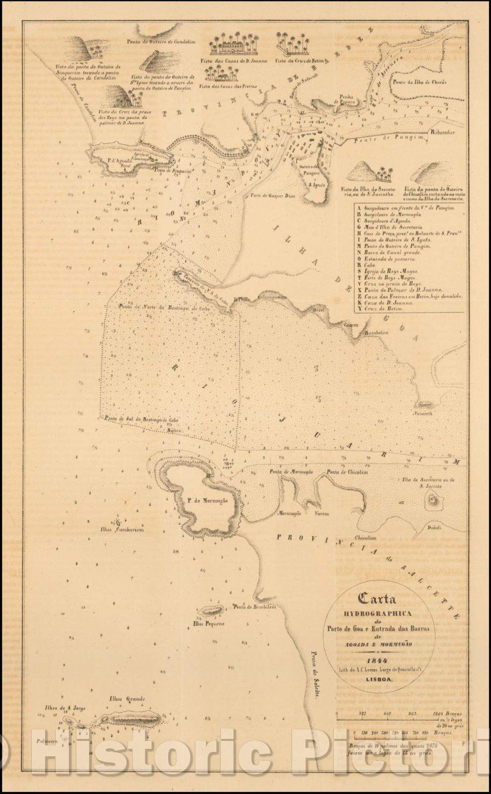 Historic Map - Carta Hydrographica do Porto de Goa e Entrada das Barras de Agoada E Mormugao :: Portuguese language Chart of the area around the Island of Goa, 1844 - Vintage Wall Art