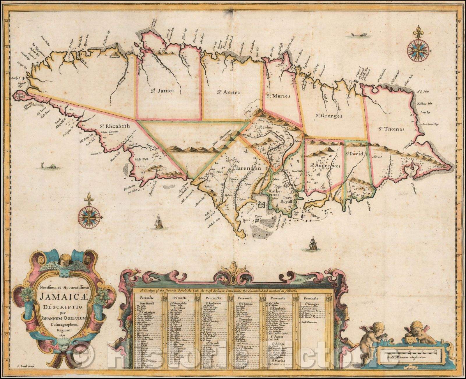 Historic Map - Novissima et Accuratissima Jamaicae Descriptio per Johannem Ogiluium Cosmographum Regium, 1671, John Ogilby v2