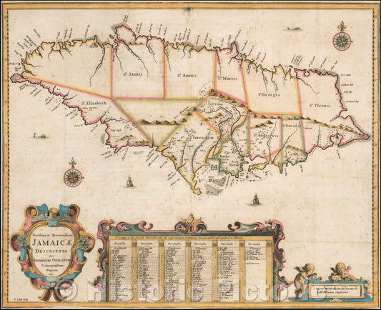 Historic Map - Novissima et Accuratissima Jamaicae Descriptio per Johannem Ogiluium Cosmographum Regium, 1671, John Ogilby v2
