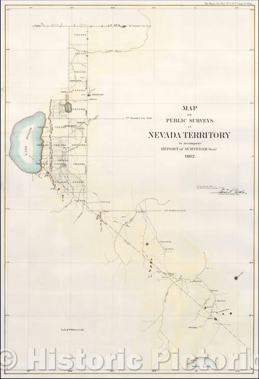 Historic Map - Map of Public Surveys in Nevada Territory, 1862, U.S. General Land Office - Vintage Wall Art