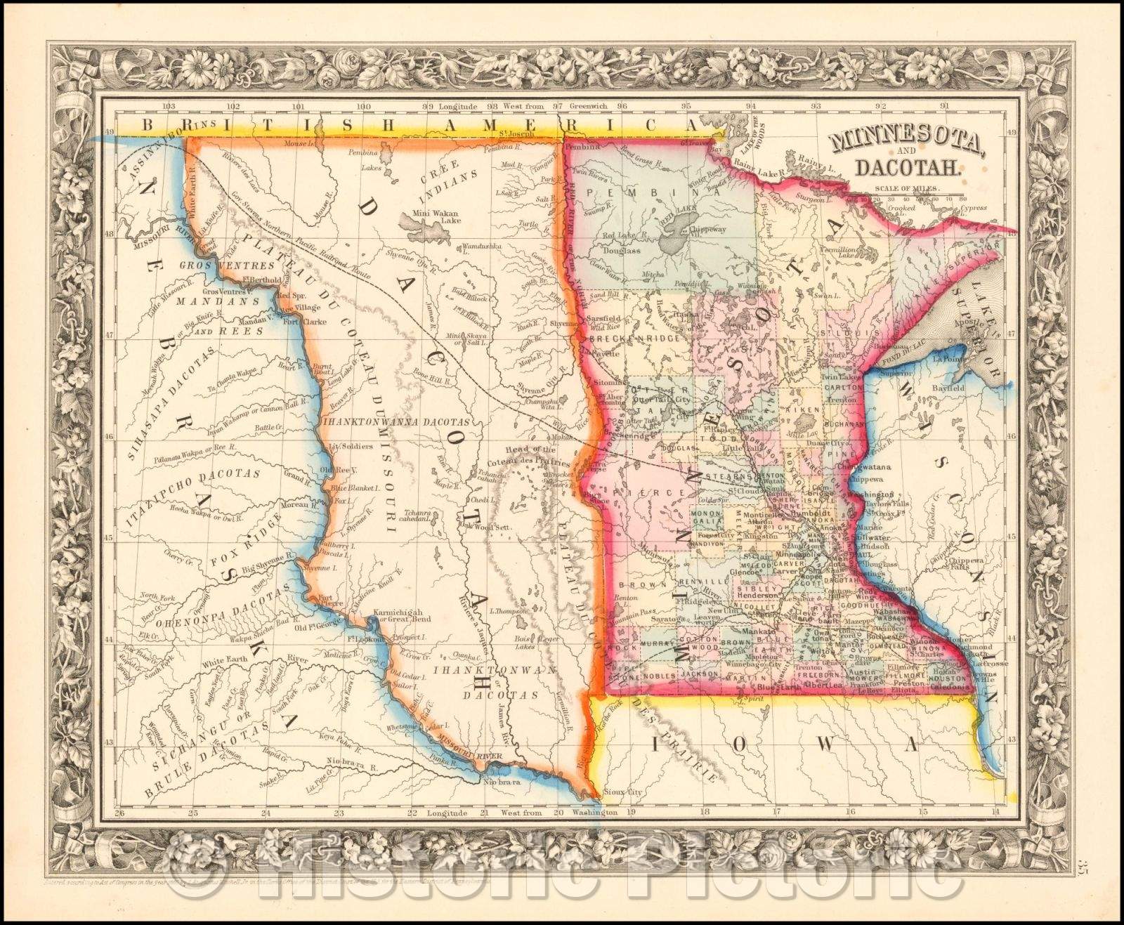 Historic Map - Minnesota and Dacotah, 1861, Samuel Augustus Mitchell Jr. - Vintage Wall Art