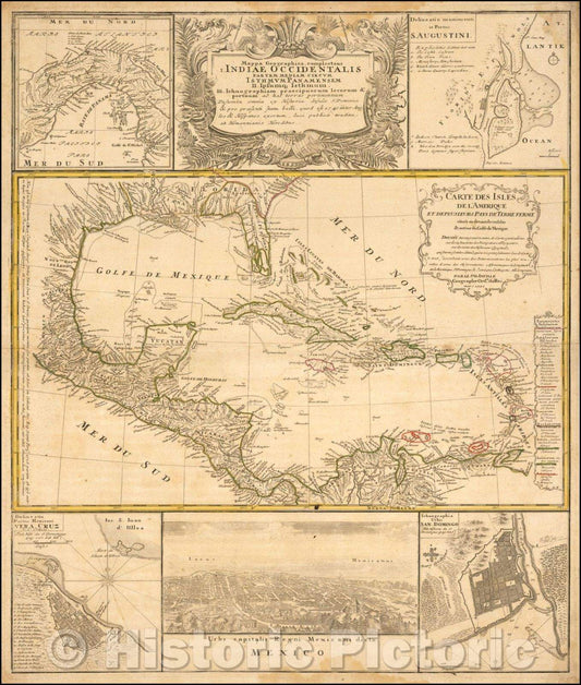 Historic Map - Mappa Geographica Complectens I. Indiae Occidentalis Partem Mediam Circum Isthmum Panamensem Large Inset of St. Augstine, Florida, 1740 v3