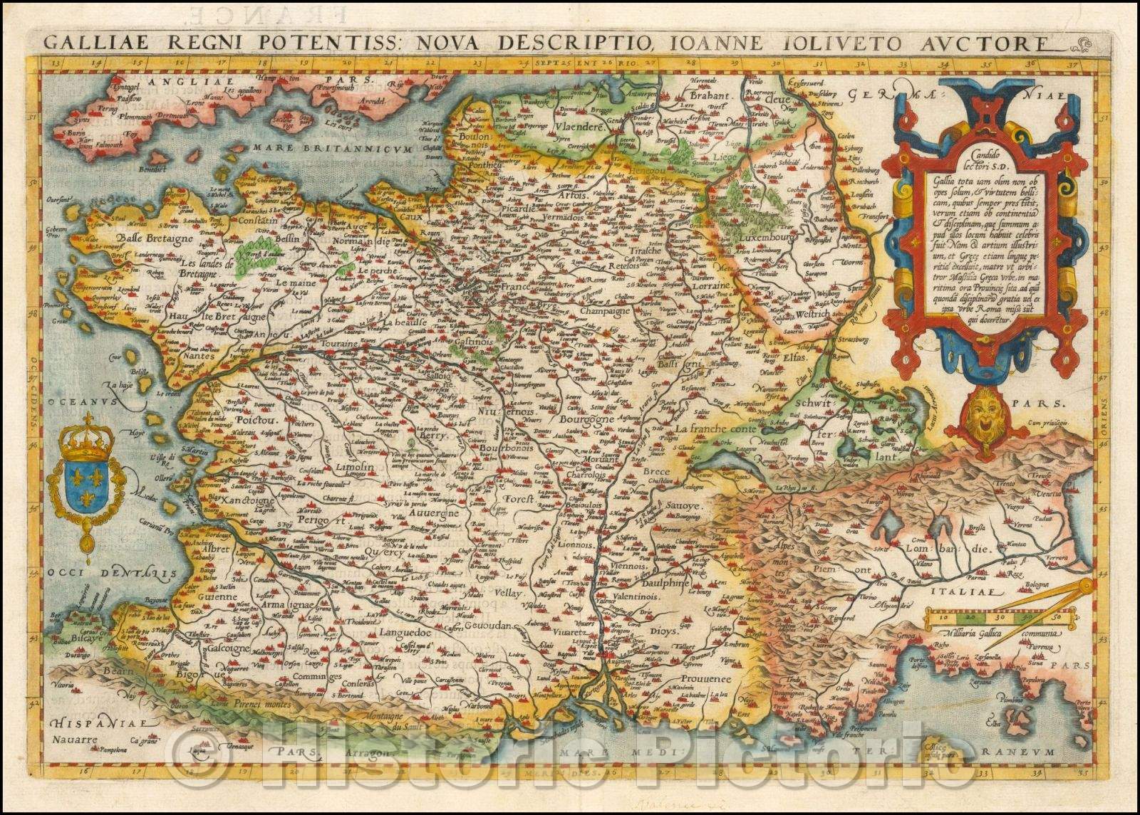 Historic Map - France Galliae Regni Potentiss: Nova Descriptio Joanne Ioliveto Auctore, Abraham Ortelius - Vintage Wall Art