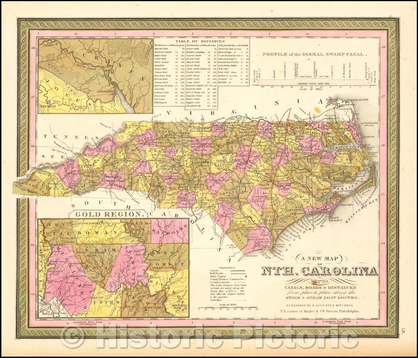 Historic Map - Nth. Carolina with its Canals, Roads, Distances from Place to Place, along the Stage & Steam Boat Routes, 1850, Samuel Augustus Mitchell - Vintage Wall Art