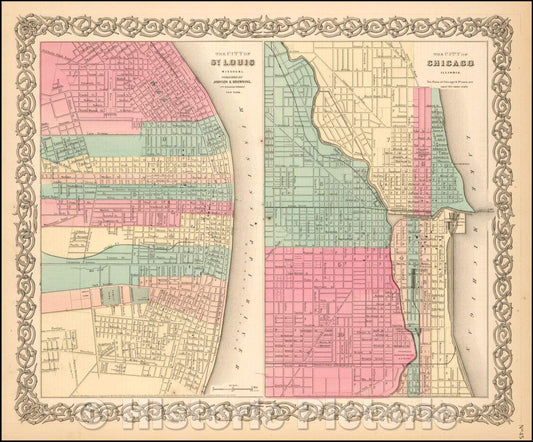 Historic Map - The City of St. Louis [with] The City of Chicago, 1860, Joseph Hutchins Colton - Vintage Wall Art