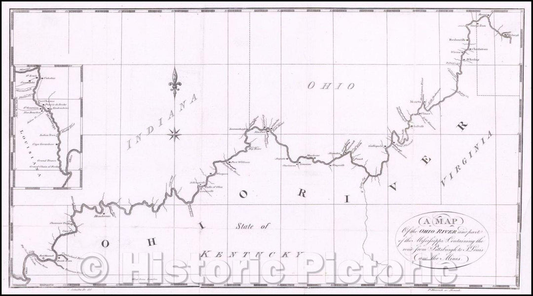 Historic Map - Ohio River and part of the Mississippi, Containing the route from Pittsburg to S. Louis, and the Mines, 1810, Peter Maverick - Vintage Wall Art