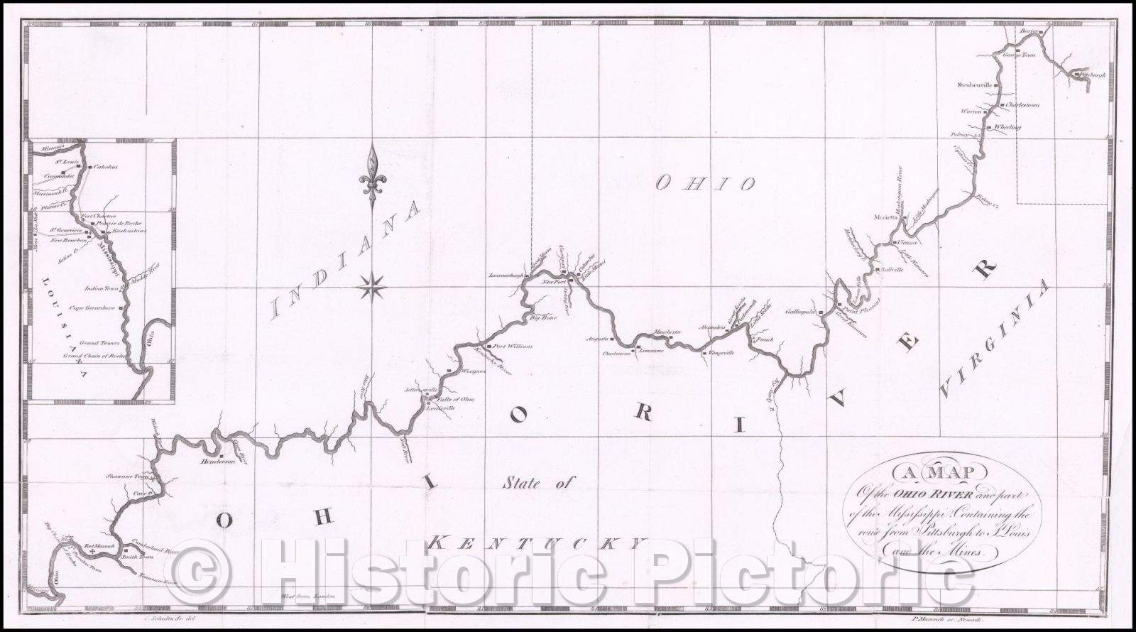 Historic Map - Ohio River and part of the Mississippi, Containing the route from Pittsburg to S. Louis, and the Mines, 1810, Peter Maverick - Vintage Wall Art