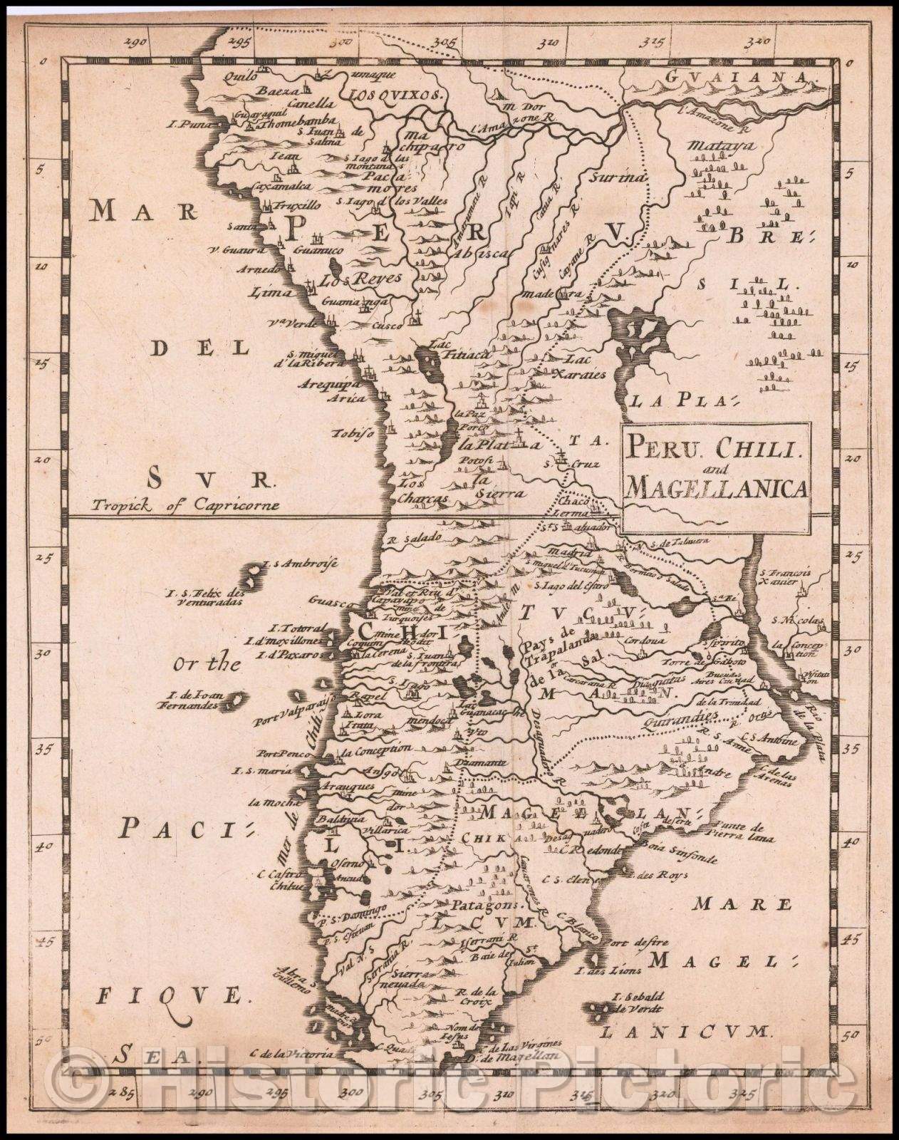 Historic Map - Peru, Chili and Magellanica, 1681, Sir Jonas Moore - Vintage Wall Art