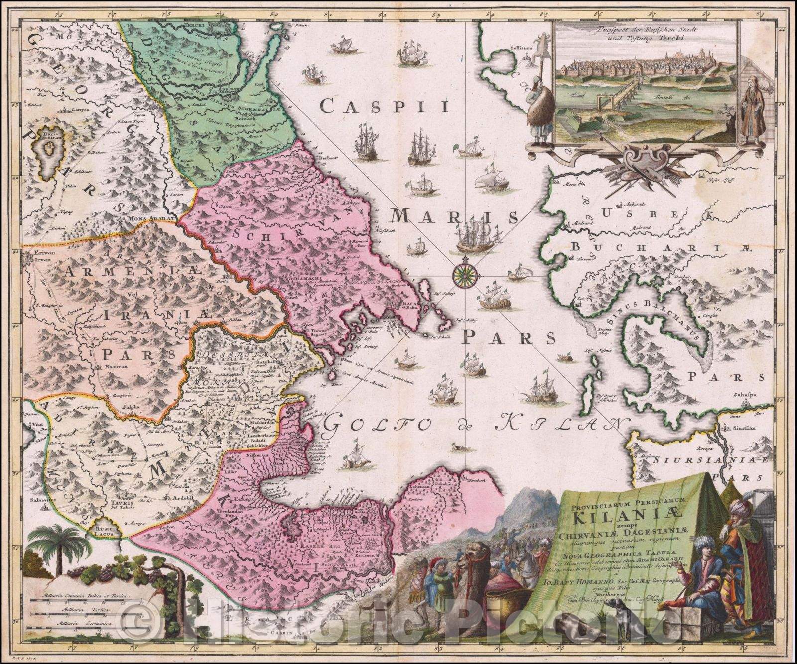 Historic Map - Provinciarum Persicarum Kilaniae nempe Chirvaniea Dagestniae :: Parts of Georgia, Armenia Kilani, Dageston, Schirvan,Caspian Sea,Caucasus etc, 1720 - Vintage Wall Art