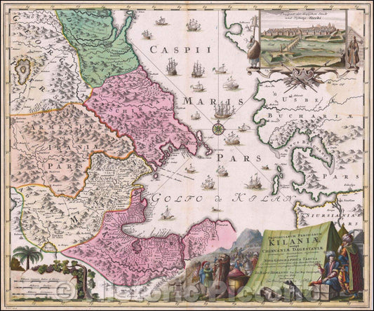 Historic Map - Provinciarum Persicarum Kilaniae nempe Chirvaniea Dagestniae :: Parts of Georgia, Armenia Kilani, Dageston, Schirvan,Caspian Sea,Caucasus etc, 1720 - Vintage Wall Art