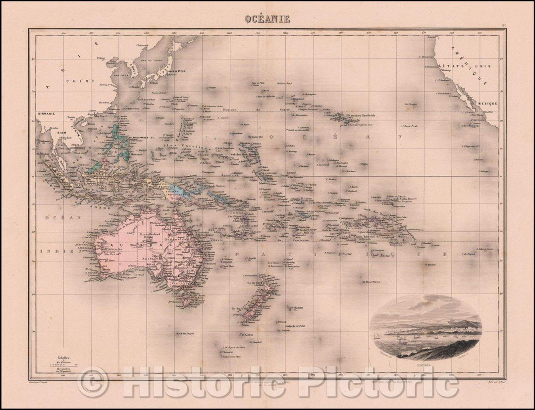 Historic Map - Oceanie, 1860, J. Migeon - Vintage Wall Art