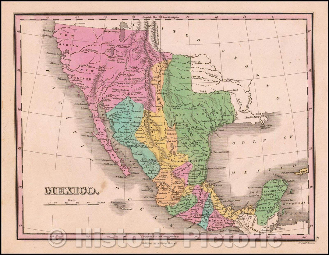 Historic Map - Mexico [including Texas & Upper California], 1827, Anthony Finley - Vintage Wall Art
