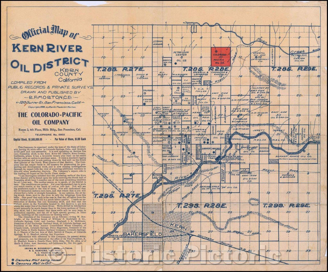 Historic Map - Official Map of Kern River Oil District Kern County, California, 1899, Revilo Frederick Morton - Vintage Wall Art