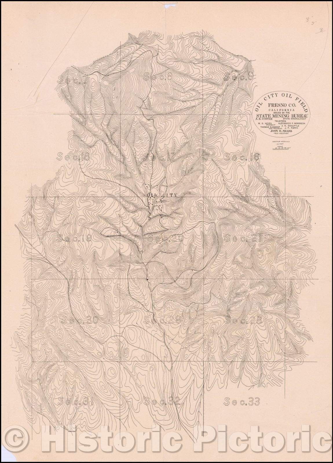 Historic Map - Oil City Oil Field Fresno, Co. California. Issued, 1899, California State Mining Bureau - Vintage Wall Art