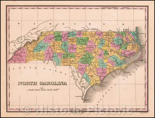 Historic Map - North Carolina, 1826, Anthony Finley - Vintage Wall Art