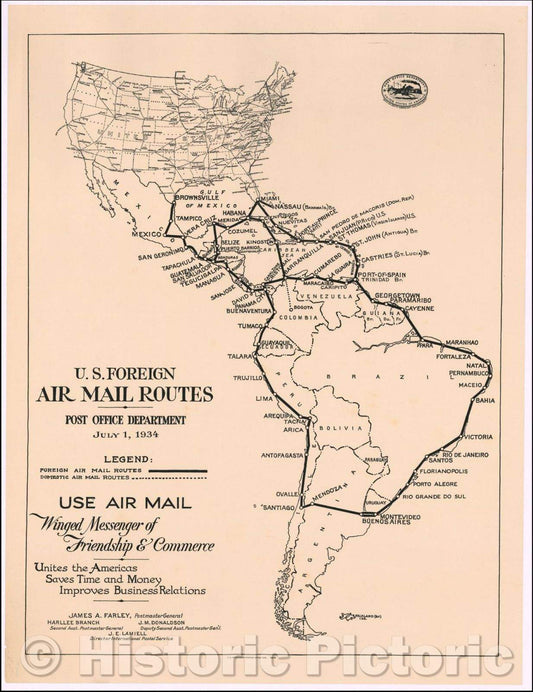 Historic Map - U.S. Foreign Air Mail Routes - Post Office Department July 1, 1934, 1934, United States GPO - Vintage Wall Art