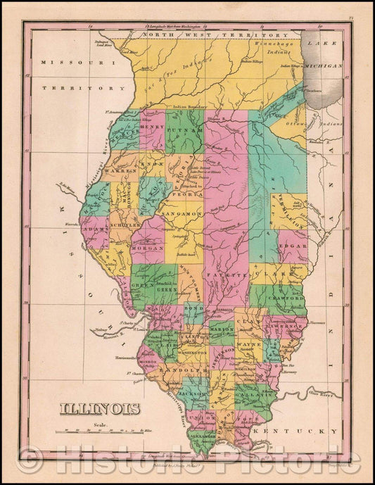 Historic Map - Illinois, 1826, Anthony Finley - Vintage Wall Art
