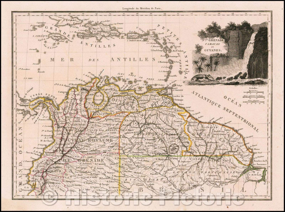 Historic Map - Nlle. Grenade Caracas et Guyanes/Map with notes regarding settlements, rivers, mountains, deserts, ports, etc, 1812, Conrad Malte-Brun - Vintage Wall Art