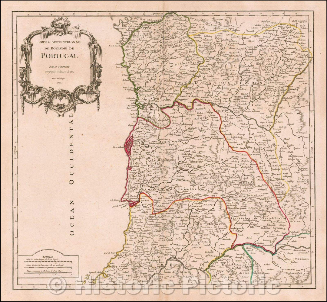Historic Map - Partie Septentrionale Du Royaume De Portugal/Map of Northern Portugal, 1751, Gilles Robert de Vaugondy - Vintage Wall Art